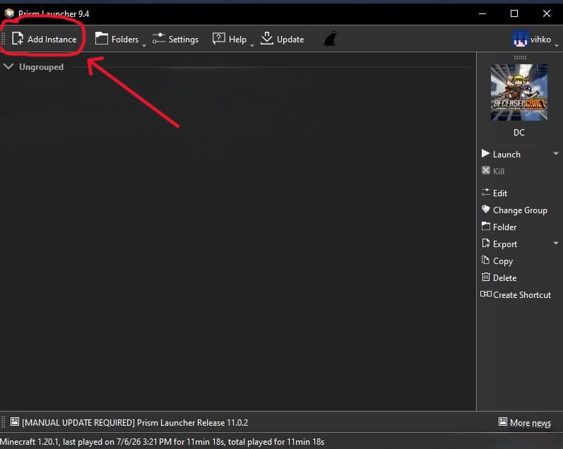 Prism Launcher main window with the Add Instance button highlighted in the top toolbar