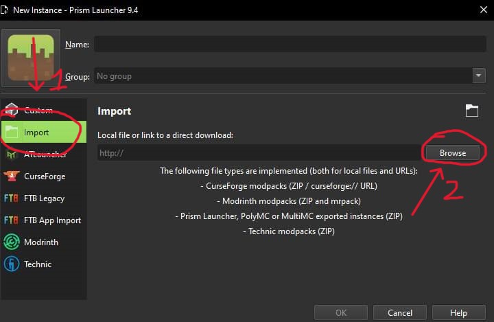 New Instance dialog with Import selected in the sidebar and the Browse button highlighted