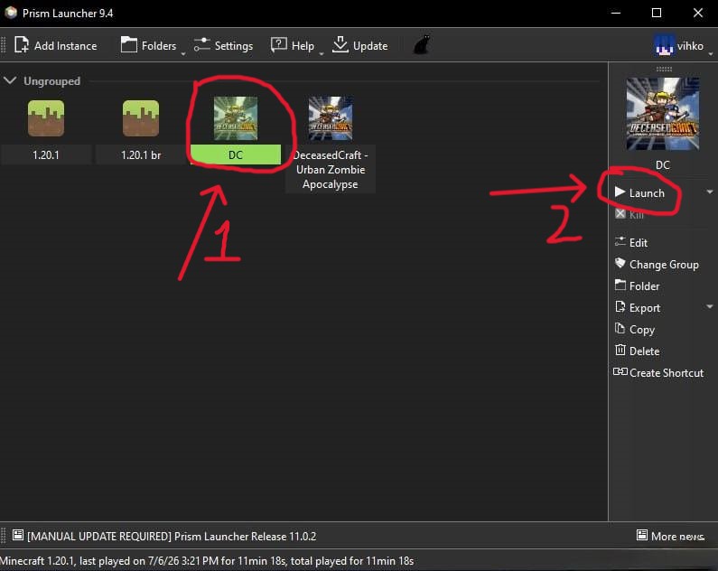 Instance list with the imported DC pack selected and the Launch button highlighted on the right